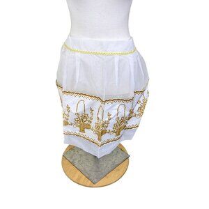 Vintage 50s 60s Half Apron Embroidered Panel Sheer White Organza Pockets Nylon